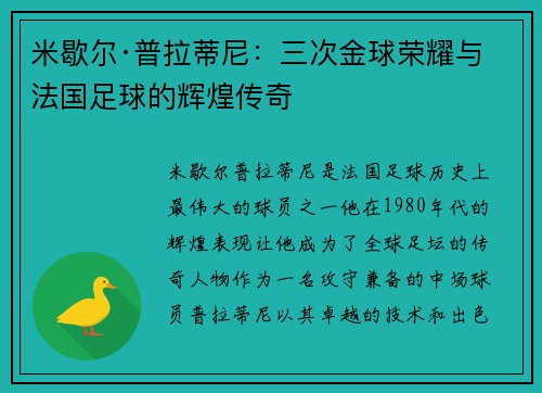 米歇尔·普拉蒂尼：三次金球荣耀与法国足球的辉煌传奇
